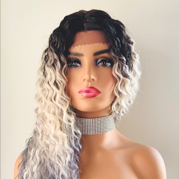 Wavy 28” Ombre White with Blue Lace Front Premium Fiber Wig - Picture 4 of 13